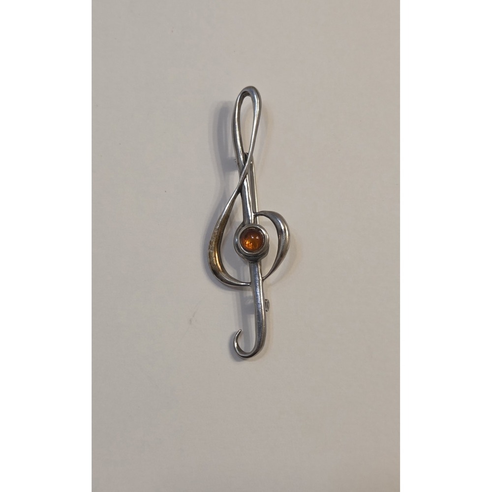 Large Vintage Sterling Silver & Amber Treble Clef Brooch Pin Musical 925